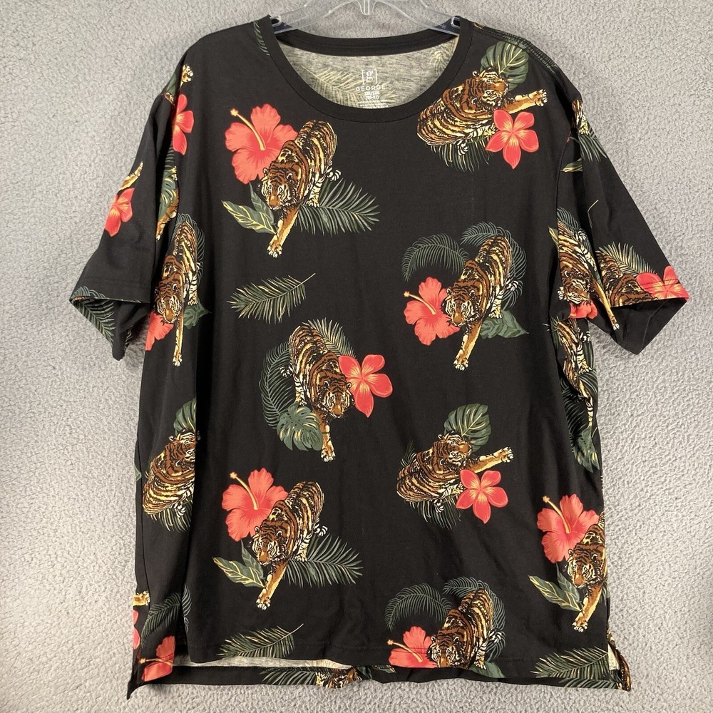 George T-Shirt Women's Plus 2XL Black Hawaiian Hibiscus Tiger Print Short Sleeve